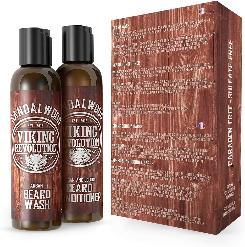 - Beard Wash & Beard Conditioner Set with Argan & Jojoba Oil - Softens & Strengthens - Beard Shampoo & Conditioner - Sandalwood - 150 Ml X 2
