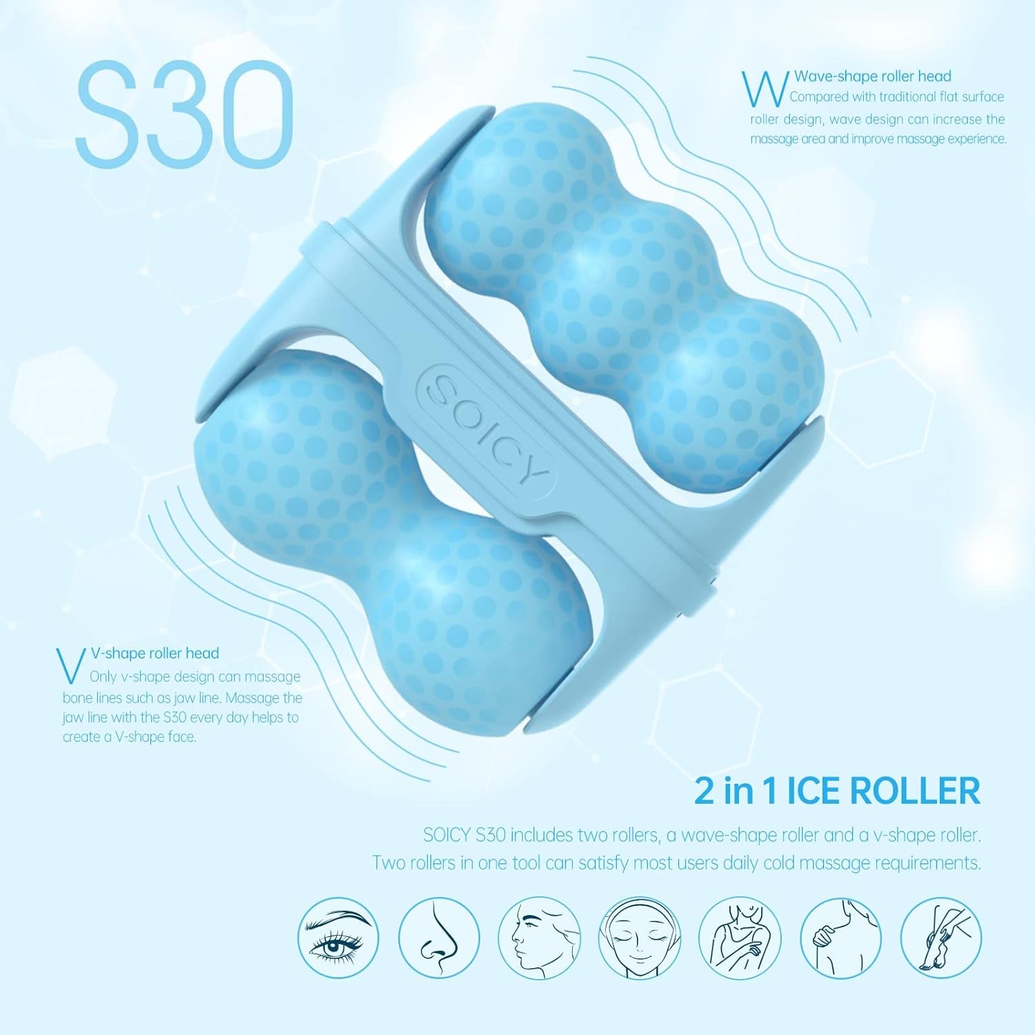 S30 Facial Ice Roller 2-In-1 Cold Massager Eye Cooling Roller with Plastic Cover, Blue