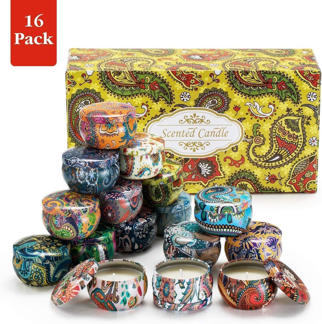 Scented Candles Gift Set, Natural Soy Wax Portable Travel Tin with Strongly Fragrance Essential Oils for Stress Relief and Aromatherapy - 16 Pack