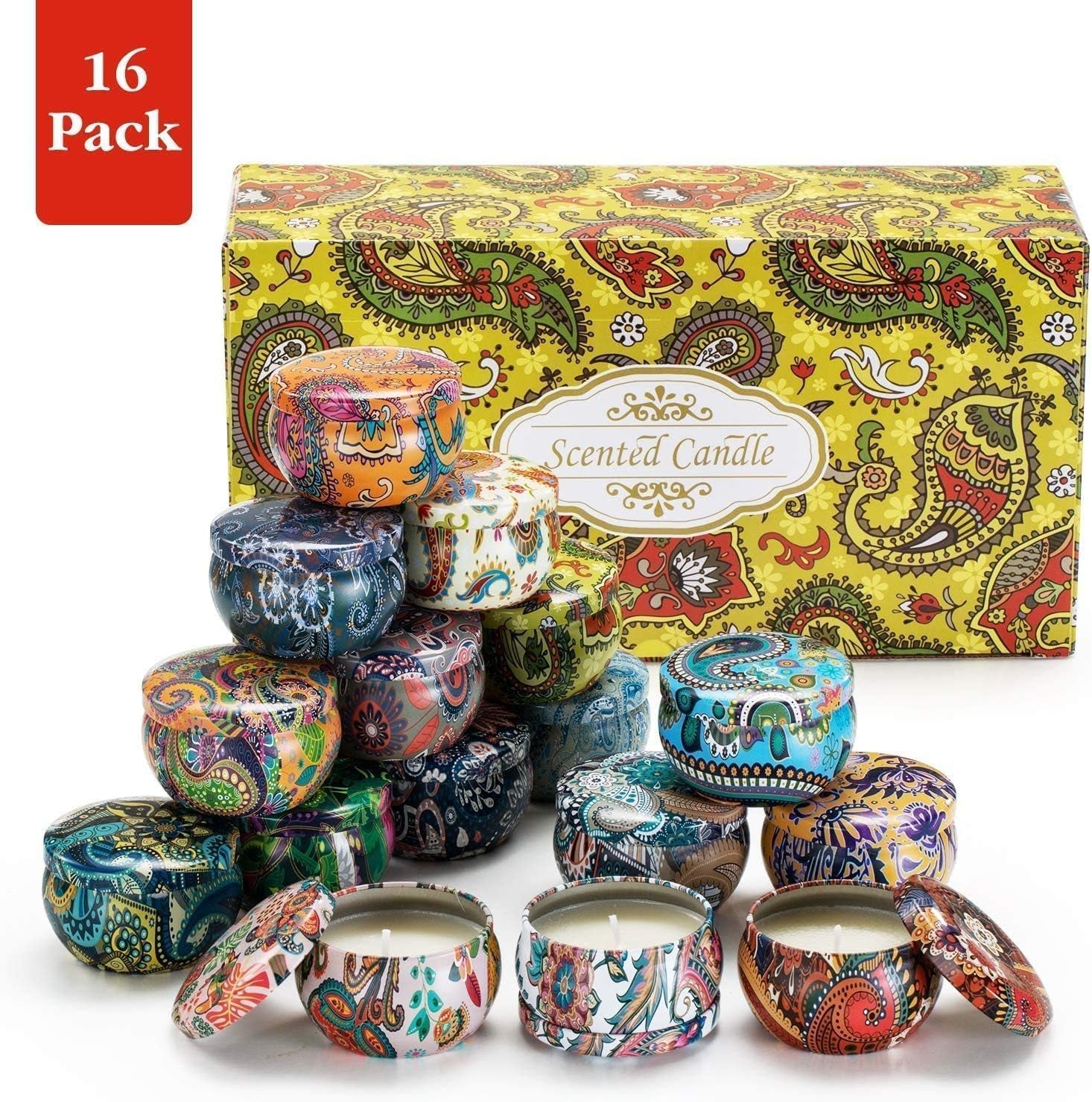 Scented Candles Gift Set, Natural Soy Wax Portable Travel Tin with Strongly Fragrance Essential Oils for Stress Relief and Aromatherapy - 16 Pack