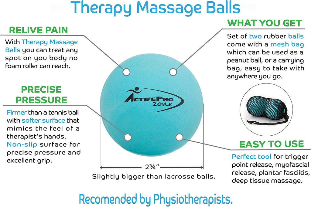 Massage Therapy Balls by  ● Best 4 Deep Pressure, Trigger Point, Myofascial Release & Physical Therapy ● Used in Yoga, Pilates ● Instant Tension & Pain Relief ● Relax Sore Muscles ● Set of 2 Extra Firm Rubber Balls Sized Ø2¾ʺ W/Mesh Bag