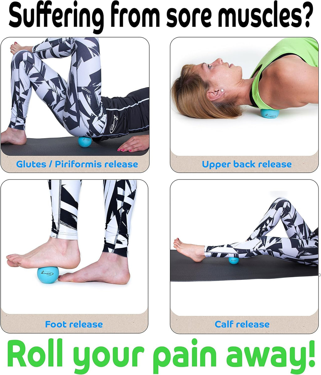 Massage Therapy Balls by  ● Best 4 Deep Pressure, Trigger Point, Myofascial Release & Physical Therapy ● Used in Yoga, Pilates ● Instant Tension & Pain Relief ● Relax Sore Muscles ● Set of 2 Extra Firm Rubber Balls Sized Ø2¾ʺ W/Mesh Bag